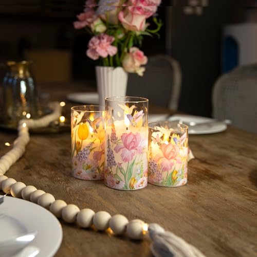Image of LUSHARBOR Flameless Candles with Remote, Battery Operated Glass Candles Hummingbird Flickering LED Electric Pillar Candles Real Wax Floral Christmas Decor Set of 3