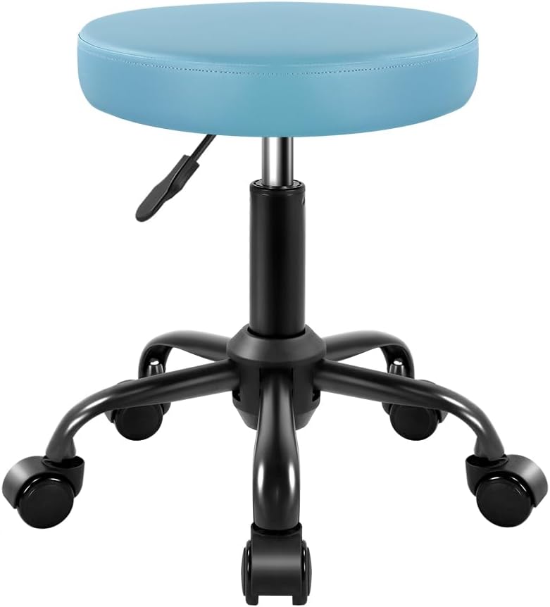 KKTONER Round Rolling Stool Height Adjustable Stool PU Leather Chair with Wheels Salon Spa Drafting stools Small Sky Blue