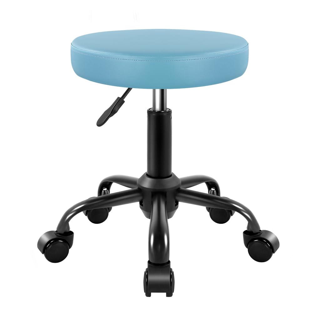 KKTONER Round Rolling Stool Height Adjustable Stool PU Leather Chair with Wheels Salon Spa Drafting stools Small Sky Blue