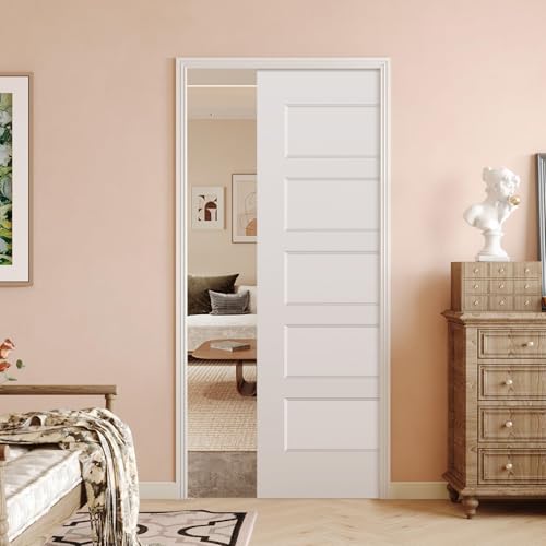 Image of BARNSMITH 36in x 80in Sliding Pocket Door, Track Hardware and Frame Kits with 5-Panel White Paintable Door Slab Included, Soft Close Mechanism, Durable and Smooth