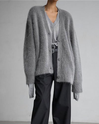 Image of Womens Fuzzy Sweaters Cardigan V-Neck Button Down Oversized Mohair Sweater Casual Y2k 2026 Fall Winter