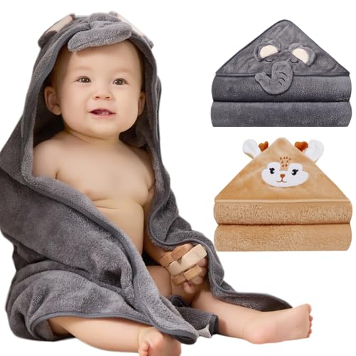 Image of Hooded Baby Towels 2 Pack, Baby Bath Towels for Newborns Essential | Ultra Soft & Absorbent Cute Animal Baby Towels, 31x31 Inch Hooded Bath Towel for Toddlers, Bath Essential for Boys & Girls