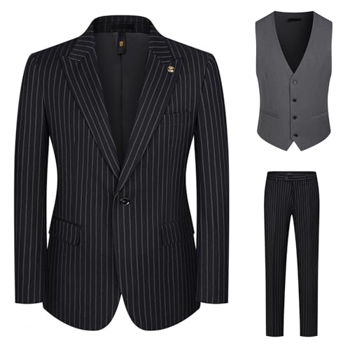 3 Pcs Men's Suit Pinstripe Business Tuxedo Sigle Breasted Slim Blazer Jacket Vest Pants Set for Wedding Party Prom