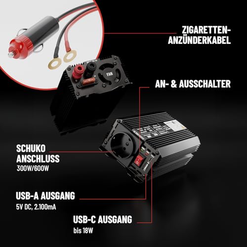 ABSINA Wechselrichter 12V auf 230V - Modifizierter Sinus Spannungswandler 12V 230V - Inverter 300W mit 600W Spitzenleistung - Stromwandler - Stromumwandler - Umwandler