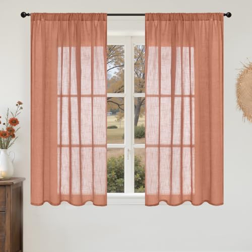 Image of BGment Rust Terracotta Linen Curtains 45 Inch Length, Burnt Orange Semi Sheer Drapes for Bathroom Short Living Room Windows Lightweight with Rod Pocket, 2 Panels Set, Each 42 Inch Wide
