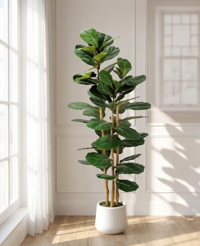 Artificial Fiddle Leaf Fig Tree in Modern White Planter, 5ft Large Fake Tree with 3 Sturdy Trunks...