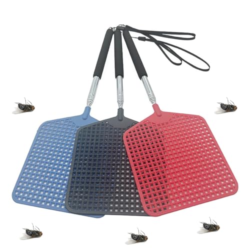 Maykafay Fly Swatter Pack of 3 Extendable Fly Swatters Plastic for Indoor and Outdoor Mosquito Wasp Pest Control With Long Handle Fly Swatters, Black + Red + Blue