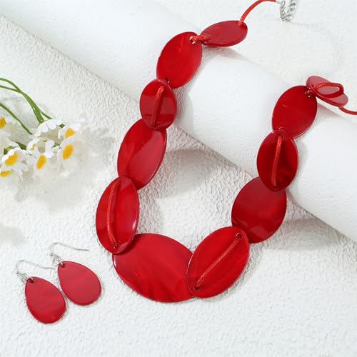 Aenu Large Chunky Geometric Statement Necklace and Earrings Set Colorful Beaded 18” Choker for Women Silver Gold Metal Accents Fashion Jewelry Set Gifts for Holiday (Red-1) by Aenu - Used condition - Image 4