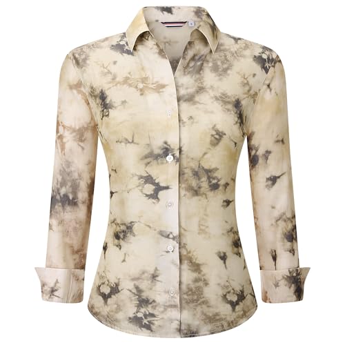 Esabel.C Womens Dress Shirts Printed Long Sleeve Regular Fit Stretch Button Down Blouse,Khaki,S