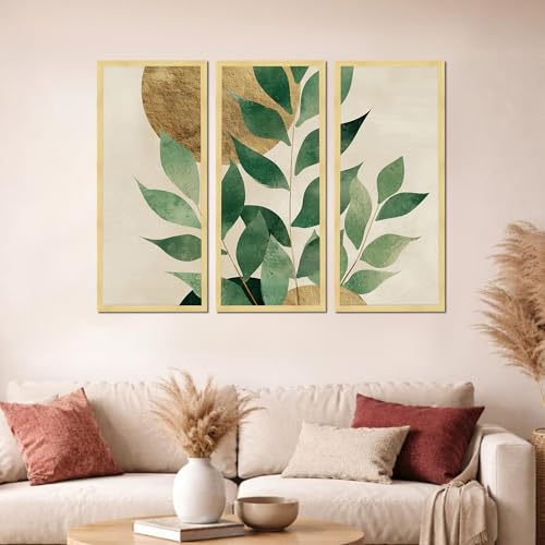 Image of PAINTINGMANTRA Botanical Leaf Framed Wall Art Set of 3 | Modern Nature-Inspired Boho Wall Decor | Engineered Wood Frame Art for Living Room, Bedroom & Office, 8.9x18.9 Inch