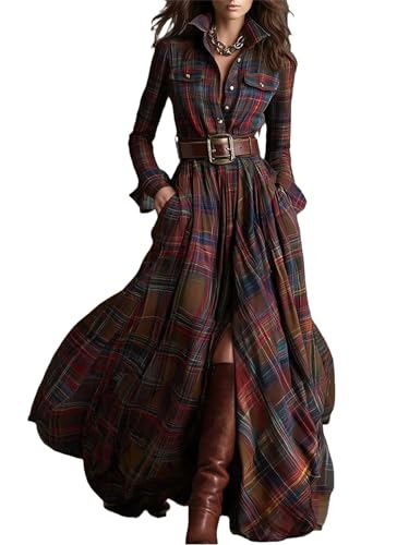 Plaid Maxi Dress for Women 2025 Fall Western Vintage French Retro Ethnic Pastoral Style V-Neck Lapel Long Sleeve Button Down (Red,Large)