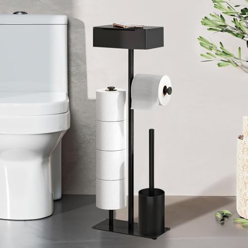 Klopapierhalter Stehend mit Klobürste - GUIGUZI Edelstahl Schwarz Toilettenpapierhalter mit Feuchttücherbox - WC Garnitur mit Toilettenpapierhalter Stehend und Toilettenbürste