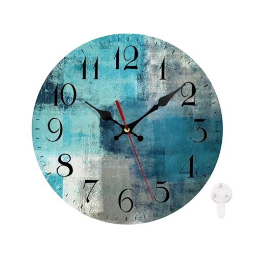 WWOOPLL Horloge murale ronde silencieuse sans tic-tac 30 cm, turquoise et gris, peinture d'art abstrait, décoration d'intérieur pour salon, salle de bain, chambre, cuisine, bureau et école