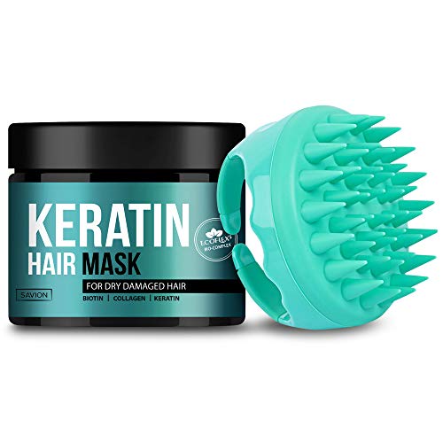 SAVION Keratin Protein Hair Treatment Mask Complex & Soft Silicone Scalp Massager - Deep Conditioning Hair Treatment for Dry Damaged Hair - Natural Shea Butter, Argan & Avocado Oils, Keratin, Biotin