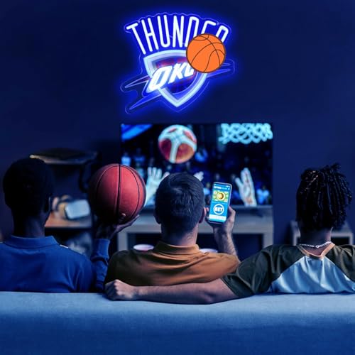 Image of Basketball Team Neon Sign, Sport Light Up Dimmable OKC City Basketball Team Logo Hanging USB Powered Led Neon Sign for Wall Decor, Bedroom, Man Cave, Party, Birthday Party Christmas Merch Deco Gift for OKC Boys Teens Fans