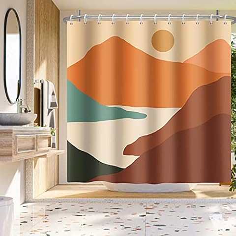 Abstract Mountains Sunset Shower Curtain, Mid Century Boho Shower Curtain Minimalist Geometric Shower Curtains Polyester Fabric Shower Curtains Set with Hooks,180 x 180 cm Cover