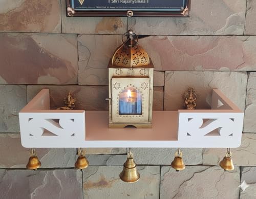 Image of Wooden Wall Shelf with Bells, Traditional Indian Style, Rectangular, Painted Finish | Mandir wall Shelf for Home and Office (White)