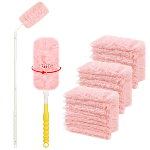 OFFCUP 32 PCS Plumero Duster Kit, 30PCS Plumero Atrapapolvo con 1 Mango Telescopico Extensible y 1 Mango Corto, 360° Repuesto para Colector de Polvo Electrostático para Polvo la Sucieda (Rosa)