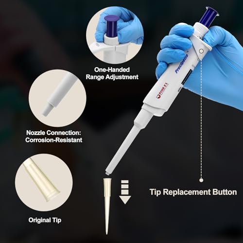 Image of 4E's USA Lab 10-100μL Pipette: Single-Channel Adjustable Micropipette with Color-Coded Top (Dark Blue), 4 Digit Display, Universal Tip Cone, High Accuracy, ISO8655 Calibrated & Lower Part Autoclavable