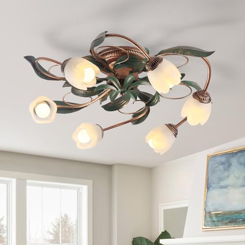 meibeileil Vintage Fleurs Plafoniera Soffitto,Retrò Lampadario Cucina in Ferro Ottone con Paralume Nuvola Vetro,Lampadario Camera da Letto,Lampadario a Bracci Per Ristorante,Salotto Lampada,6Teste