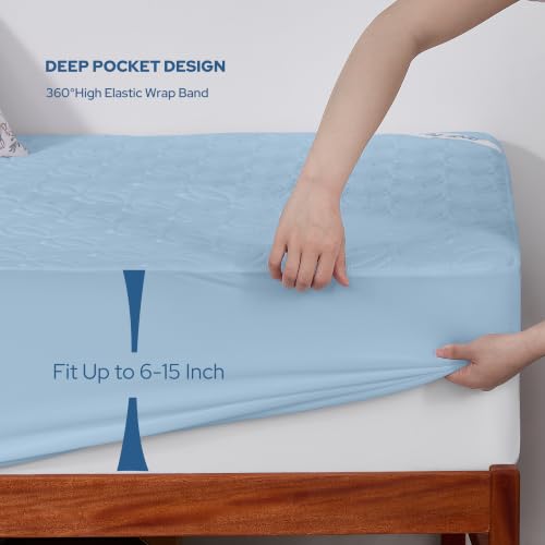 Image of BEDLORE Waterproof Mattress Protector, Twin XL Size Mattress Pad with Deep Pocket 6 inch-15 inch Depth, Soft Breathable Dirt-Proof Bed Mattress Cover for Bedroom, College Dorm (Sky Blue)