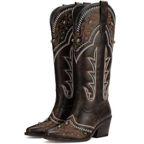 Women's Exquisite Embroidery Western Cowboy Boots with Studs & Emerald Gemstones, Knee High Wide Calf Cowgirl Boots for Fall Fashion4