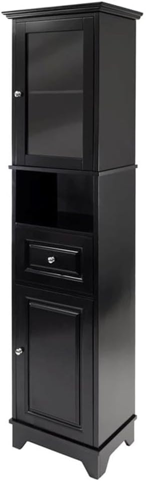 Pemberly Row Tall Linen Cabinet, Adjustable Shelves, Solid Wood and Composite Wood with Glass, Black Finish, 70.87 in Height, Modern Transitional Style Storage for Kitchen or Dining Room