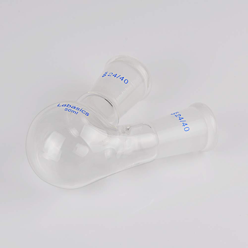 Labasics Vidrio 50ml RBF Matraz de Fondo Redondo con 2 Cuellos de Ángulos, 2 Neck Round Bottom Flask con Junta Exterior 24/40 Central y Lateral Estándar - 50ml