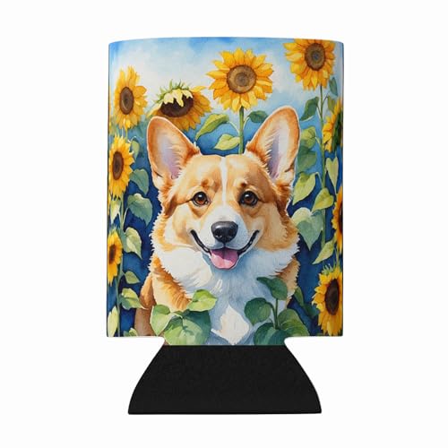 Caroline's Treasures Corgi in Sunflowers Can or Bottle Hugger Cooler Washable Drink Sleeve Collapsible Beverage Insulated Holder, Can Hugger, Multicolor
