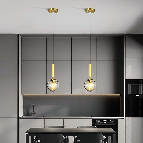 Image of Modern Gold Pendant Light Hanging Fixture Light for Kitchen Island Mid Century with Globe Pendant Light Clear Glass Pendant Lighting for Living Room Bedroom Entryway (2 Pack)