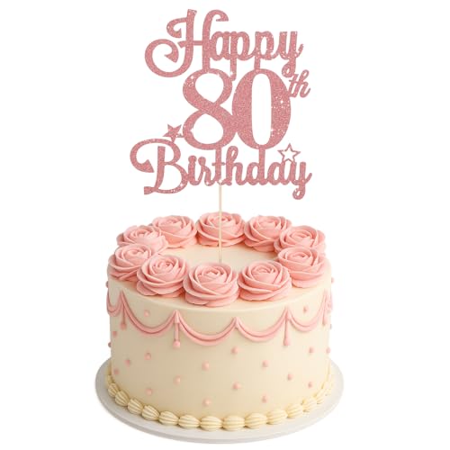 ZEYIYER 80th Cake Topper Happy 80th Birthday Cake Toppers Rose Gold Eighty Years Old Cakes Pick for Women Men Birthday Party Supplies