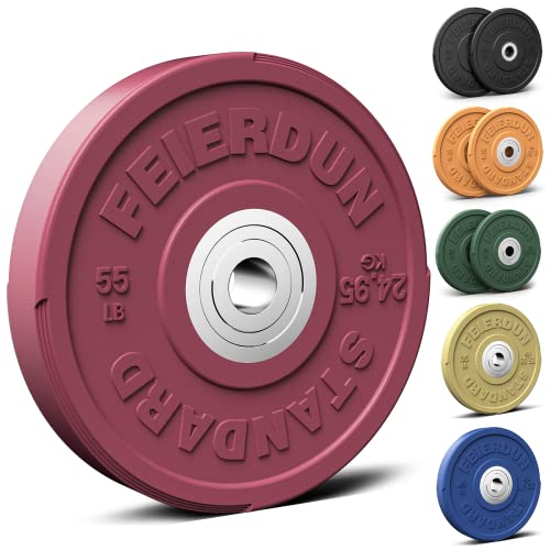 Image of FEIERDUN Color Bumper Plate Set, 2-Inch Olympic Weight Plates, Low Bounce Rubber Barbell Plates with Stainless Steel Insert for Weightlifting, Strength Training, CrossFit & Home Gym, 10LB-370LB