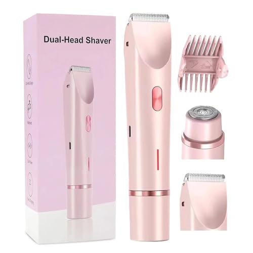 Bikini Trimmer for Women, 2 in 1 Double Headed Painless Lady Shavers for Women, Electric Razor, Facial Hair Remover, Eyebrow Trimmer, IPX7 Waterproof, Wet and Dry Use (Pink)