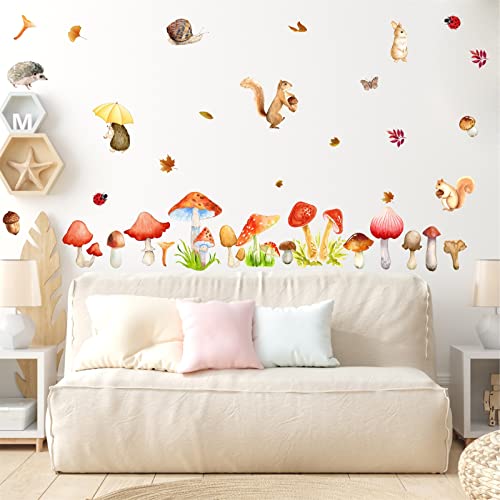 Watercolor Mushroom Wall Decals Woodland Mushroom Wall Decals Colorful Mushroom Wall Stickers Cute Cartoon Animal Wall Stickers Fall Leaf Autumn Wall Decals For Kids Room Bedroom Nursery Classroom Decor #TOP6