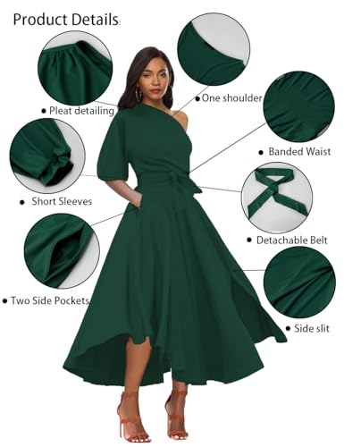 Image of Women's Off Shoulder Short Sleeve Cocktail Swing Dress | Elegant Wedding Guest, Midi Length, Asymmetrical Neck, Belted, Front Side Slit, Side Pockets, Formal Occasions, Day to Night
