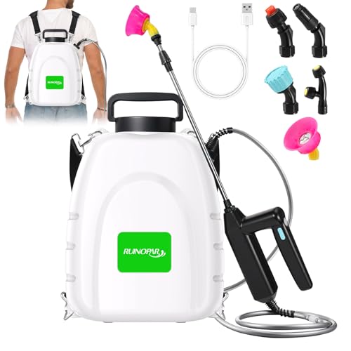 Battery Powered Sprayer 3.2 Gallon,Powerful Electric Sprayer with 5 Mist Nozzles, Rechargeable Handle, 41 in Retractable Wand, Adjustable Shouder Strap, for Weed Lawn Yard,Gardening,Cleaning by RUINOPAR - Used condition - US$51.00