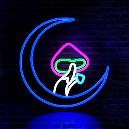 Image of Mushroom Moon Neon Sign, JGHTURIE Cute Led Neon Signs for Wall Decor Blue Light Up Sign for Room, Living Room, Home, Bar Signs, Party, USB Powered
