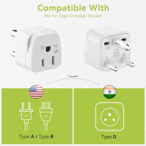 Qruihc K001 3-Pack Us To India Plug Adapter,Us To Type D India Power Adapter,Us Travel Adapter Converter Plug Usa To India Bangladesh Maldives Nepal Pakistan thumb #1