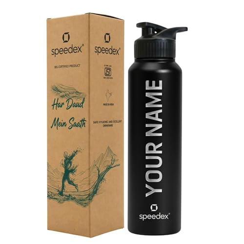Image of Speedex Customised Stainless Steel Water Bottle 1 Ltr with Name - Personalised Engraved Sipper Cap Bottle for Kids, Men & Women, School, Gym, Office Black, Set of 1