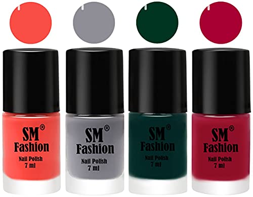Image of Nail Polish Combo Set (Pack of 4) Quick Dry Gel Finish Nail Paint | Coral,Gray,Dark Green,Dark Magenta | 7 ml Each
