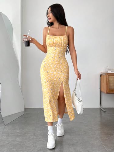 Image of Aahwan Yellow Printed Knitted Cami Split Pastel Dresse for Women's & Girl's