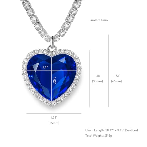 925 Sterling Silver Titanic Heart of the Ocean Necklace, 1.38" Large Blue Heart Pendant with 5A Cubic Zirconia, Dazzling Full Zircon Tennis Chain, Romantic Jewelry Gift for Women4