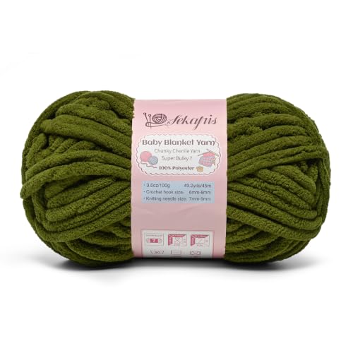 Image of 3.5 oz /49.2 yds Chunky Chenille Yarn for Crocheting, #7 Super Bulky Baby Blanket Yarn for Crocheting Soft, Fluffy Velvet Yarn for Knitting, Amigurumi Crochet Yarn for Crafts (Army Green)