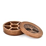 Hanol Gewürzdose aus schwarzem Akazienholz, rund, mit Deckel mit Gravur Baum des Lebens, 7 Fächer, Masala Dabba für die Aufbewahrung in der Küche (20,3 x 20,3 x 5,7 cm)