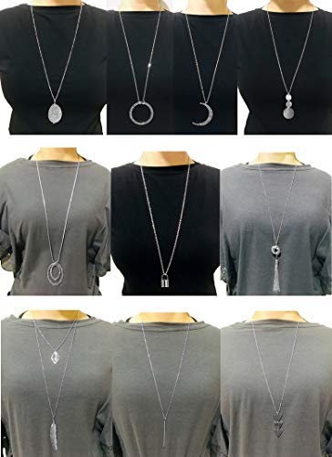 10Pcs Long Pendant Necklace Simple Moon Bar Three Triangle Tassel Lock Sweater Y Shape Punk Chain Choker Necklace for Women Men Gold Silver Tone2