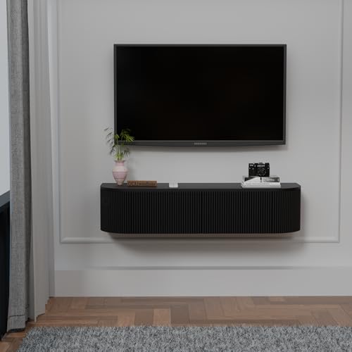 Image of Solid Wood Matte Black Wall Mounted TV Unit for Living Room | Floating TV Cabinet with Hidden Storage | Modern TV Stand for LED TV up to 55 Inch | Space Saving Wall TV Console