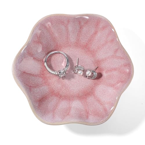 Image of Pink Lotus Leaf Shape Ring Jewelry Dish Holder,Small Trinket Jewelry Tray,Decorative Jewelry Plate Bowl,Key Bowl,Birthday Engegament Gifts for Women Friends,Ceramic