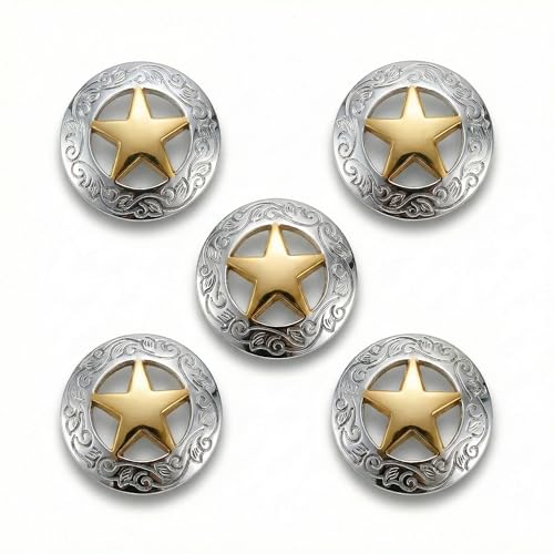 OKKRMGZ 5Pcs Conchos for Leather Crafts Silver Engraved Star Western Saddle Buttons with Screws Gold Tone Star Button Accessories for Belts Bags Hats