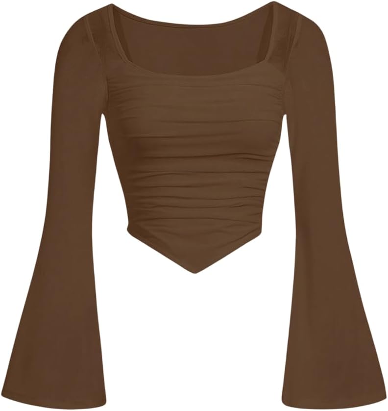 SOLY HUX Girl's Cute Clothes Long Sleeve Crop Tops Ruched Asymmetrical T Shirts Y2K Casual Fitted Tees