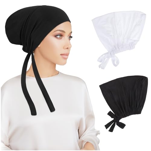 PHOGARY 2 Stück Frauen Undercap Hijab, Islamische Muslimische Unterschal Hijabcap mit Tie Back Closure Solid Color Unter Schal Hijab Mütze Turban Kopfbedeckung Chemo Kopftuch Schlafmütze (C)